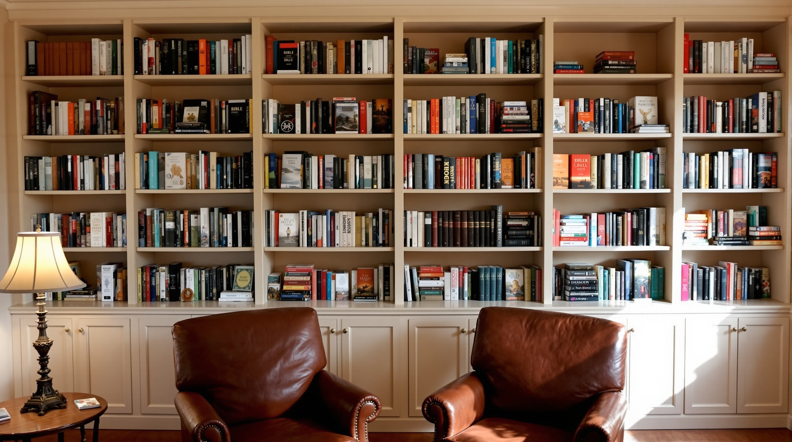 A well-stocked Christian library with Bibles and theology books