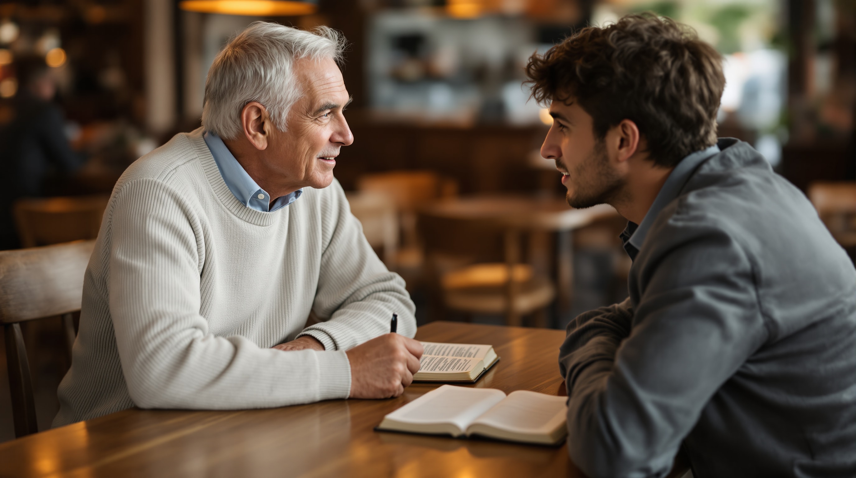 Mentor and younger believer in a discipleship conversation over coffee