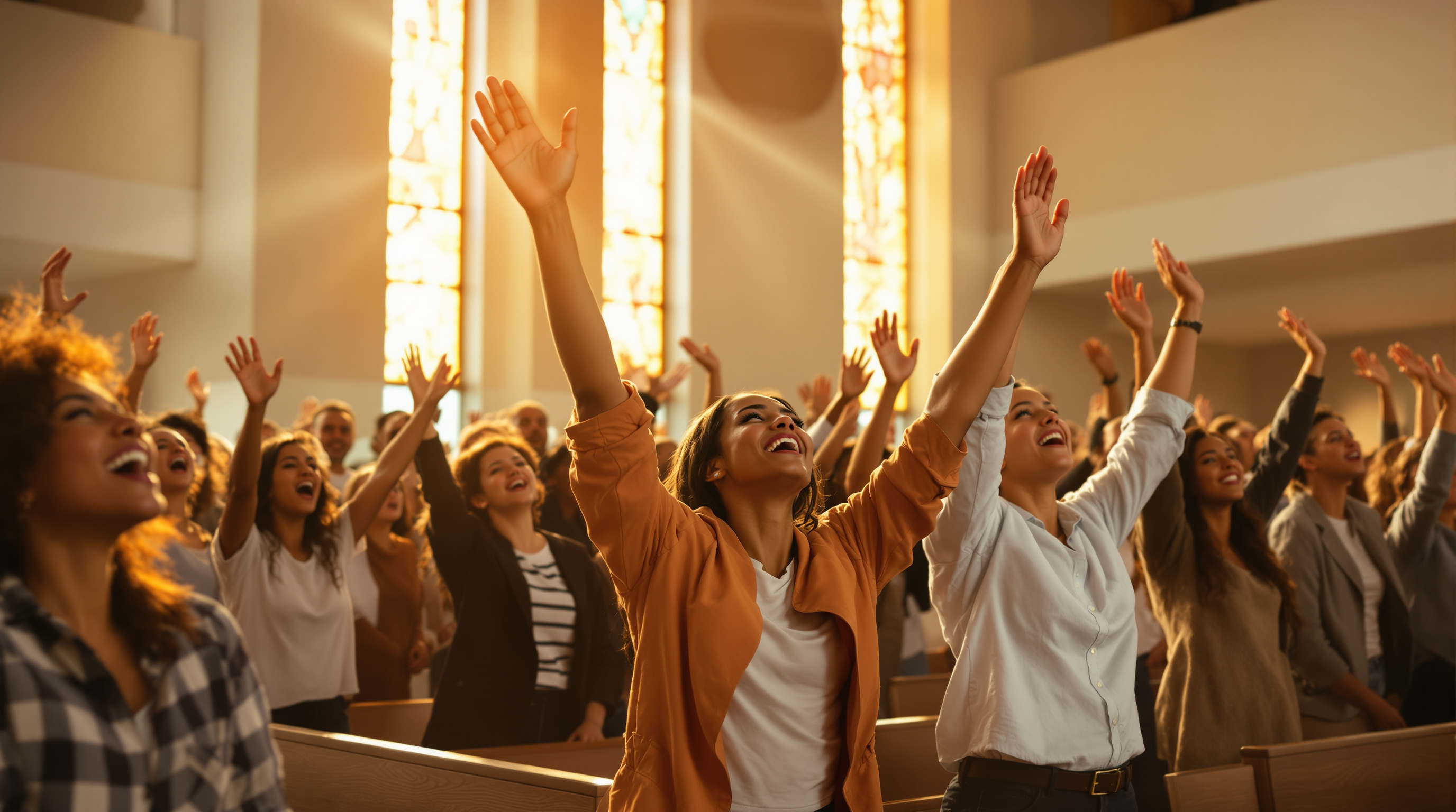 Community gathered in worship, hands raised in praise