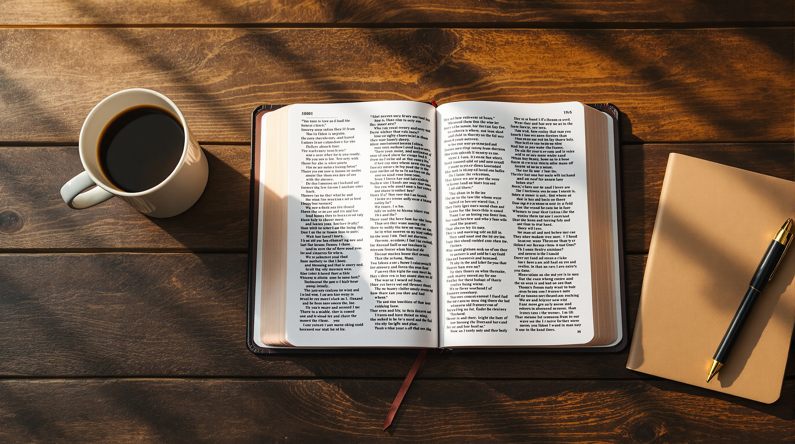 Bible, notebook, and coffee — daily Scripture and devotional practice