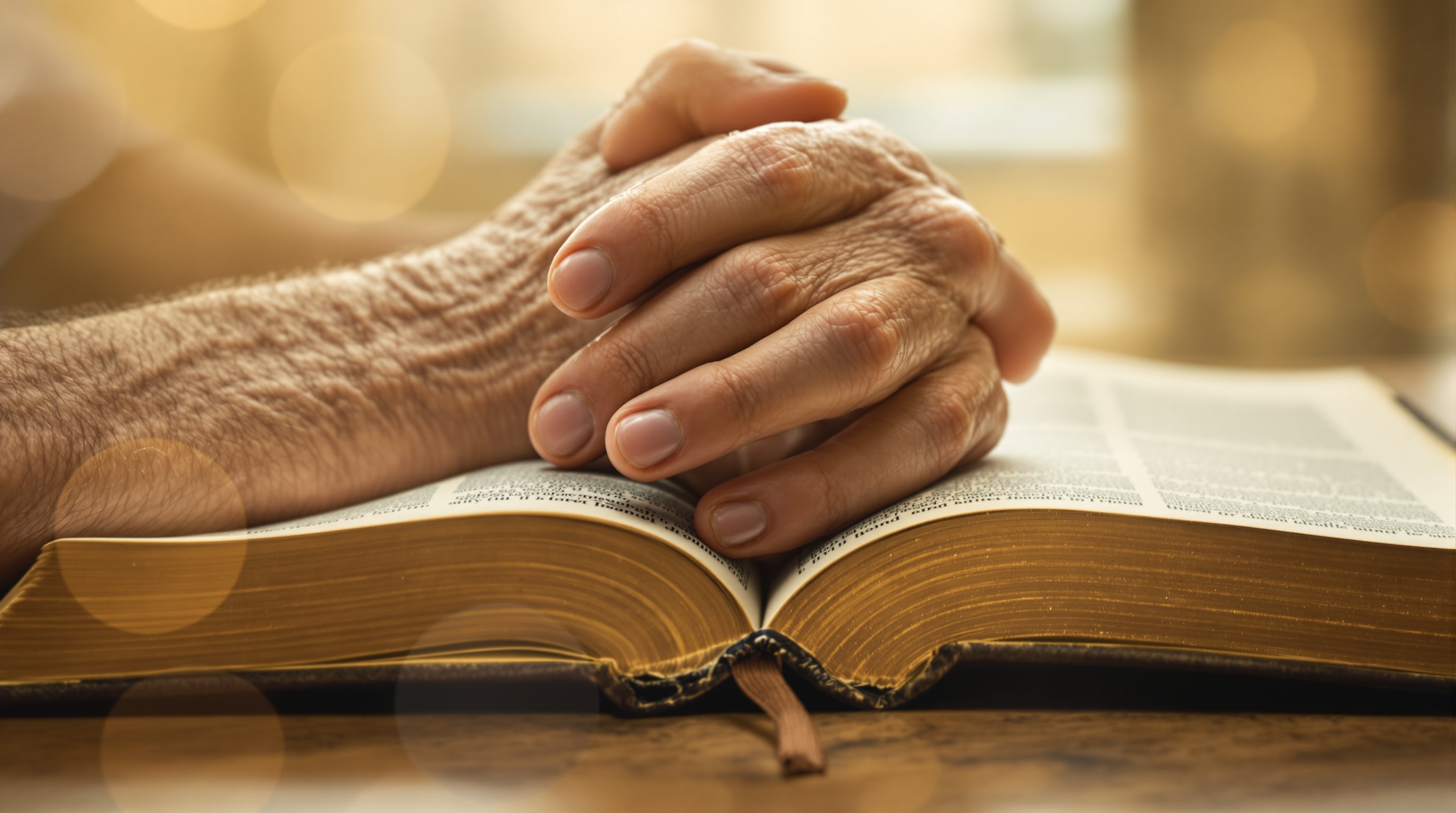 Hands clasped in prayer over an open Bible