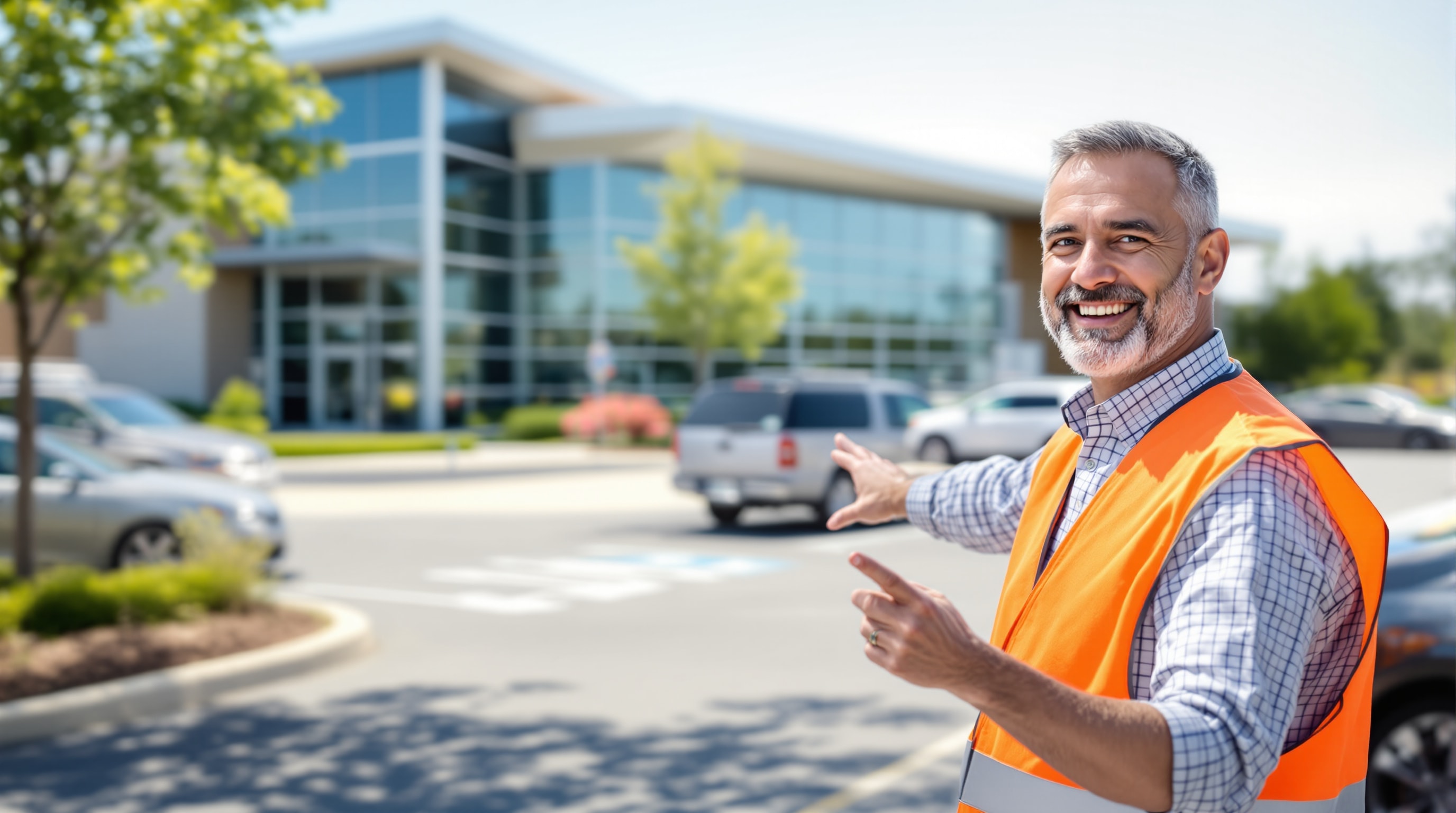Church parking lot volunteer helping first-time visitors